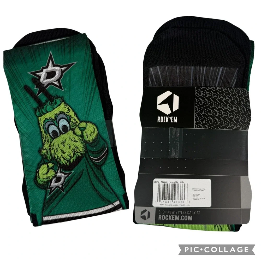 Rock Em NHL Dallas Stars Victor E Green Mascot Pump Up Crew Socks L/XL NEW